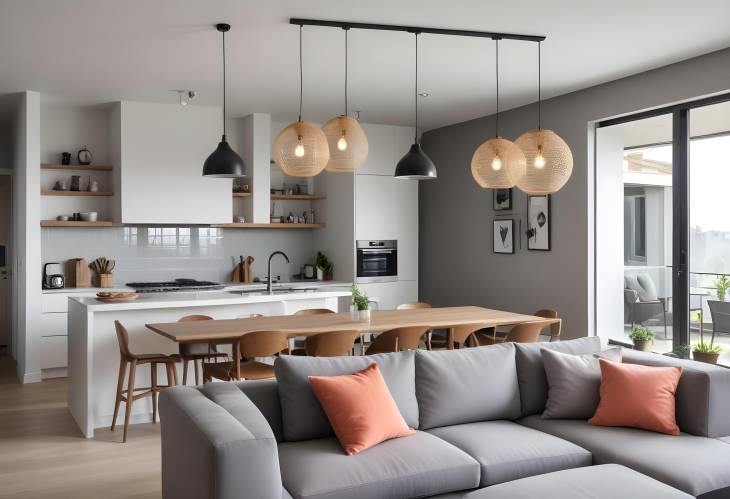 Chic Pendant Lighting in Modern Kitchen, Cushions Arranged on Living Room Sofa