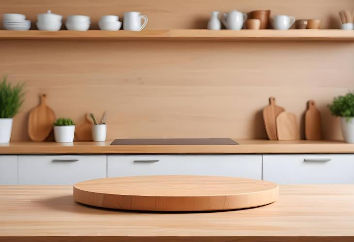 Chic Round Wood Table top Counter in a Bright, Clean Kitchen Interior Ready for Product Montage