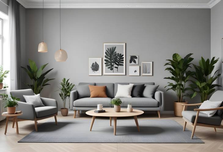 Chic Scandinavian Living Room with Grey Sofa, Armchair, Plants, Coffee Table, and Cozy Carpet