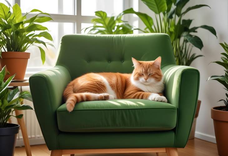 Chic Scandinavian Room with Multicolor Cat on Retro Armchair and Abundant Green Plants