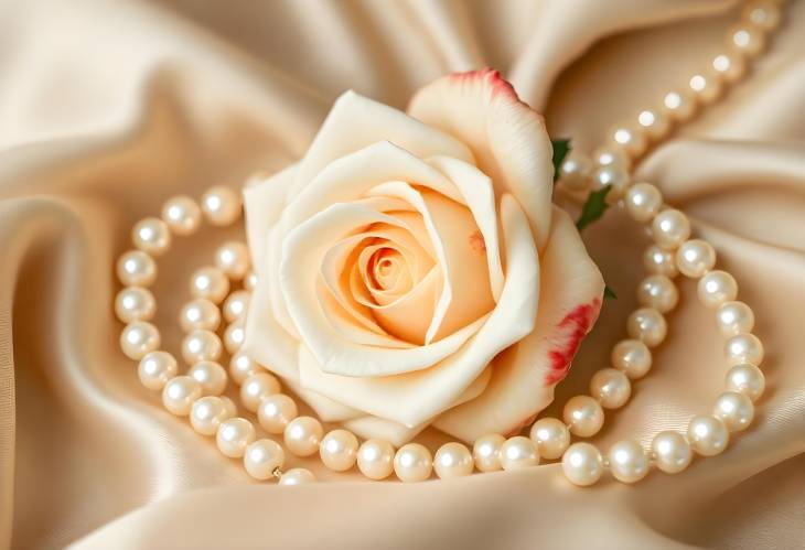 Chic Simplicity Pearl Beads with Cream Rose on Silk Background