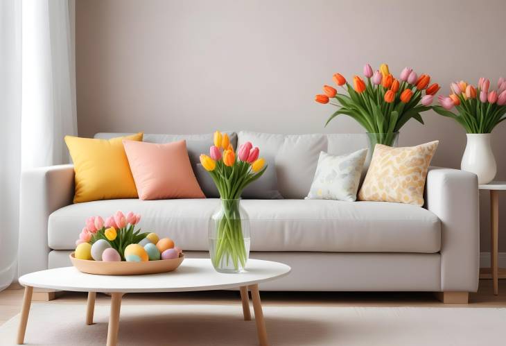 Chic Spring Living Room Interior with Designer Sofa, Tulips Vase, Easter Holiday Decor, and Cozy