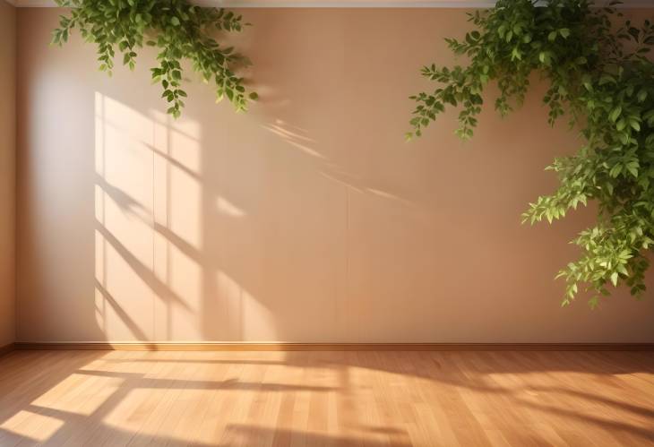 Chic Summer Room Interior Sunlight and Leaf Shadows on Wooden Parquet Floor with Empty Space