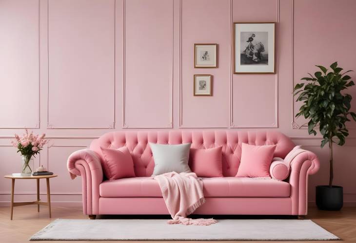 Chic Vintage Living Room Pink Sofa with Cozy Blanket and Pillows, Vintage Cupboard Background