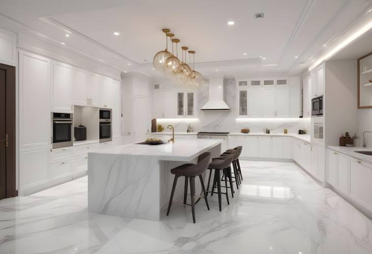 Chic White Marble Kitchen and Open Plan Living Dining Spaces Modern Luxury Home Interior