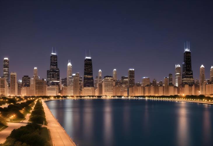 Chicago City Lights and Lake Michigan at Night