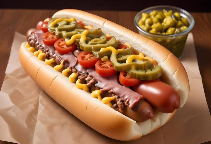 Chicago Style Hot Dog Delight All Beef Frank with Mustard, Relish, Onions, Tomatoes, and Pickles,