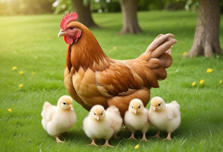 Chicken Family Enjoying a Bright Green Lawn, Ideal for Nature and Farmyard Imagery