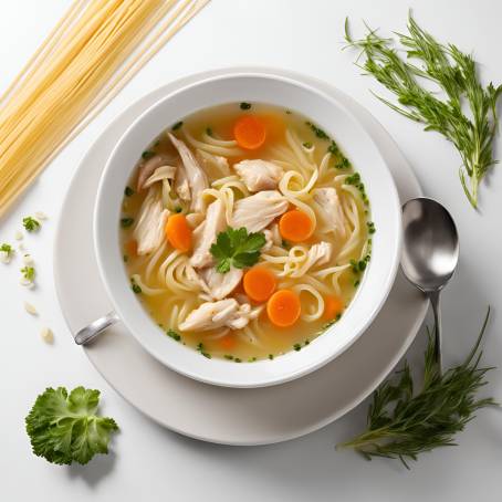 Chicken Noodle Soup Broth Isolated on White Background, Classic Comfort Food, Homemade Delight