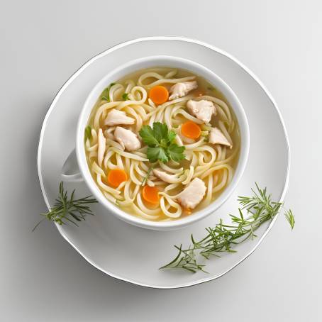 Chicken Noodle Soup Broth Isolated on White Classic Comfort, Warm and Savory, Delicious Broth