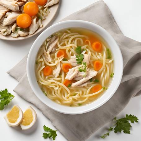 Chicken Noodle Soup Broth on White Background Isolated Comfort Food, Savory and Homemade Delight