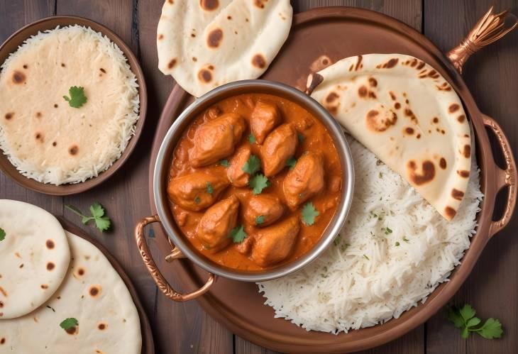 Chicken Tikka Masala in a Copper Pan with Rice and Naan on a Wooden Background A Classic Feast