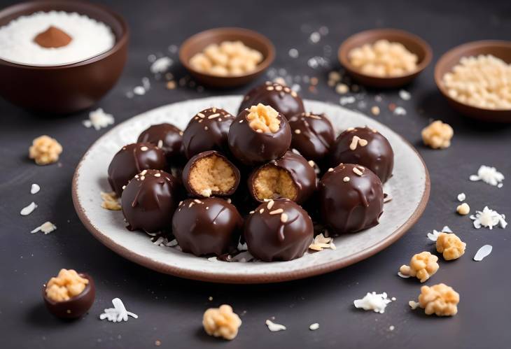 Chickpea and Peanut Butter Vegan Energy Balls  Chocolate Glazed with Coconut Chips