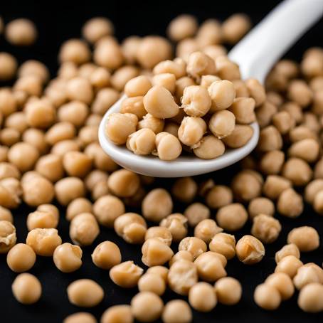 Chickpeas in White Ceramic Spoon Against Black Background Detailed Close Up Food Photography