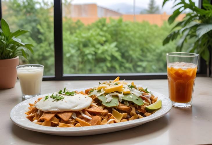 Chilaquiles with Chicken, Beans, and Cheese Enjoyed with a Drink and a Natural Window View Surroun