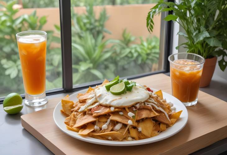 Chilaquiles with Chicken, Beans, and Cheese Served with a Drink Against a Natural Window and Plant