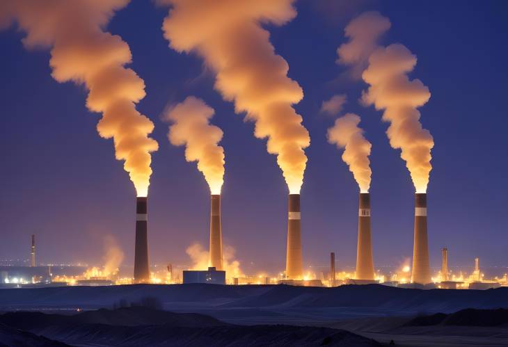 Chimneys Emit Smoke Over a Twilight Industrial Scene  Lignite Mine in North Rhine Westphalia, Germ