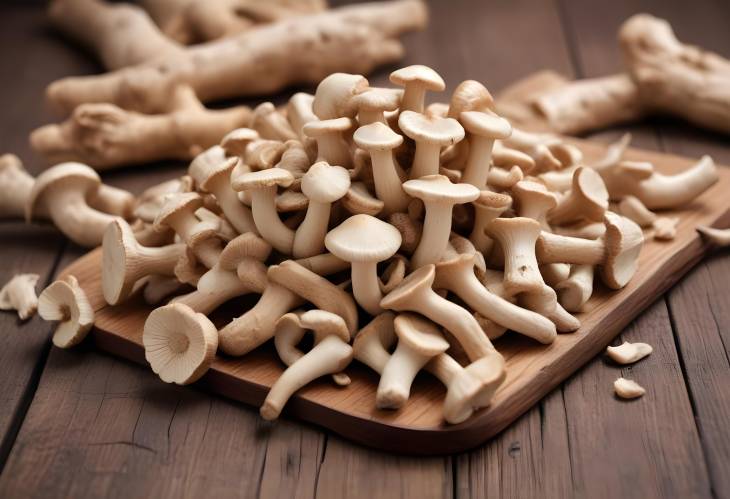 Chinese Herb Ginseng Mushroom Close Up on Wooden Surface, Traditional Medicinal Plant