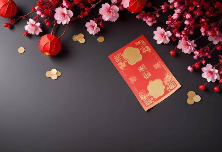 Chinese New Year Background with Red Lucky Money and Blossoms, Featuring Space for Design and Custom