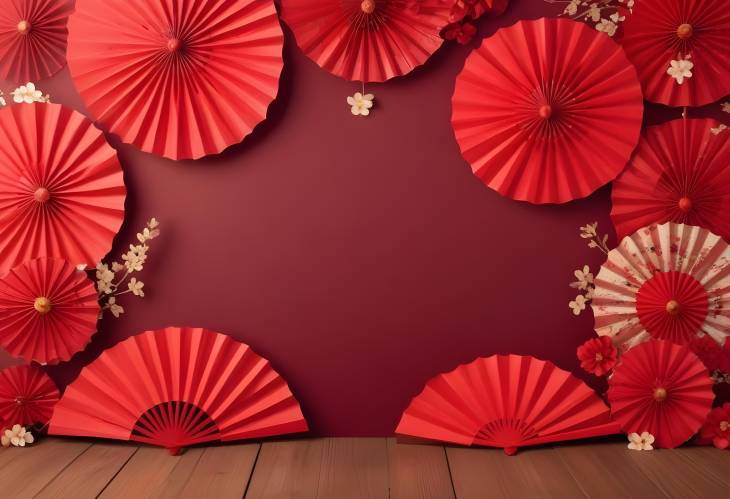 Chinese New Year Celebration Background with Red Paper Fans and Flowers, Empty Space for Year End