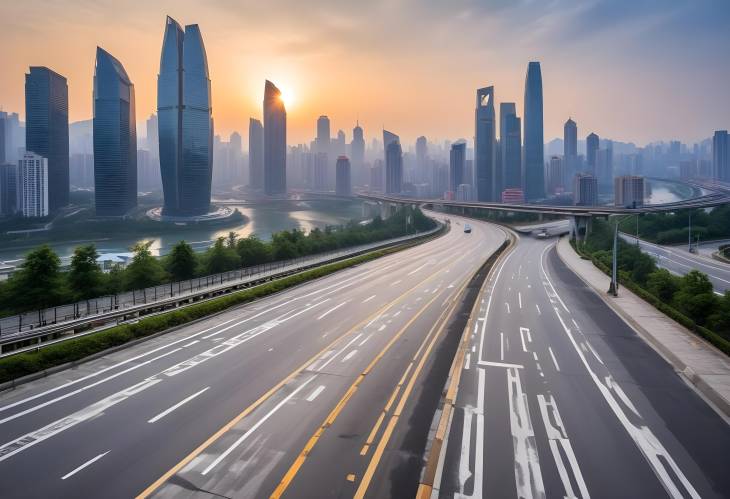 Chongqing City Skyline with Asphalt Road Square Sunrise Urban Landscape