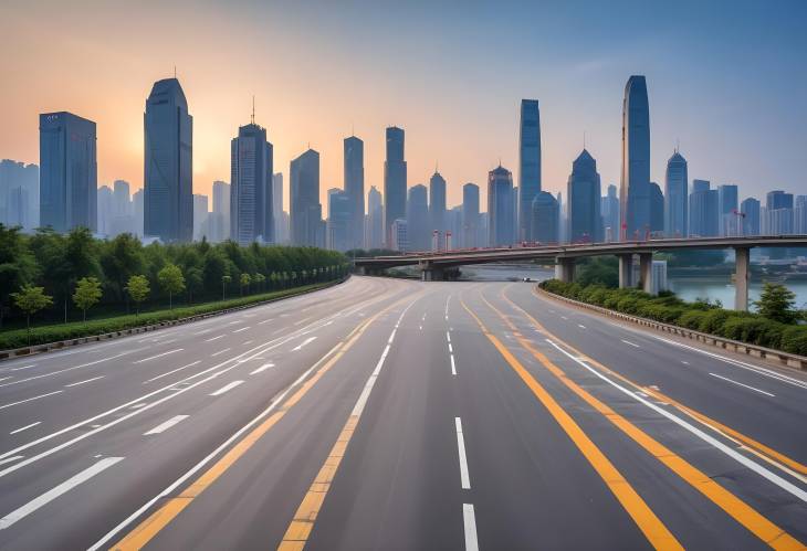 Chongqing Cityscape at Sunrise Asphalt Road Square with Modern Skyline