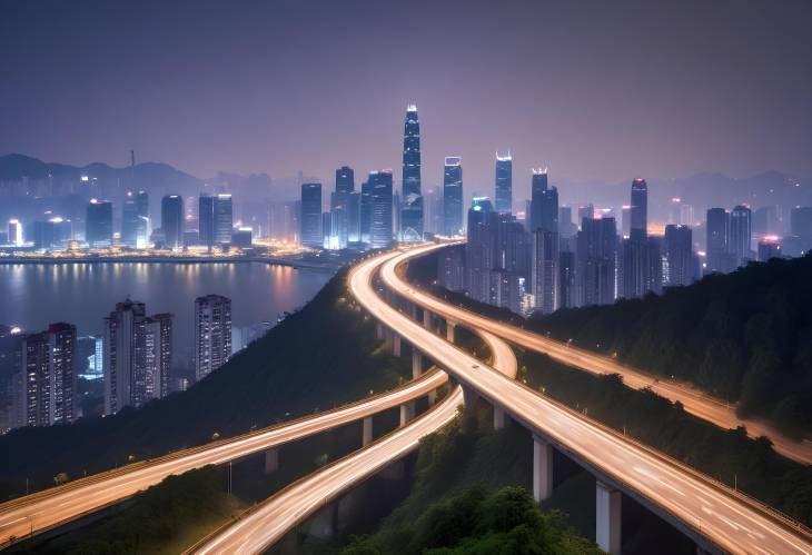 Chongqing Dusk Cityscape Ground Road with Urban Skyline and Evening Lights