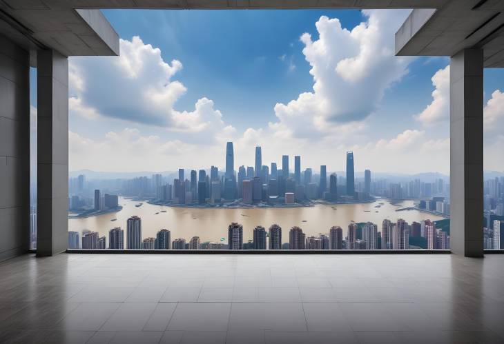 Chongqing Skyline A Serene View Under Clouded Skies from an Empty Floor