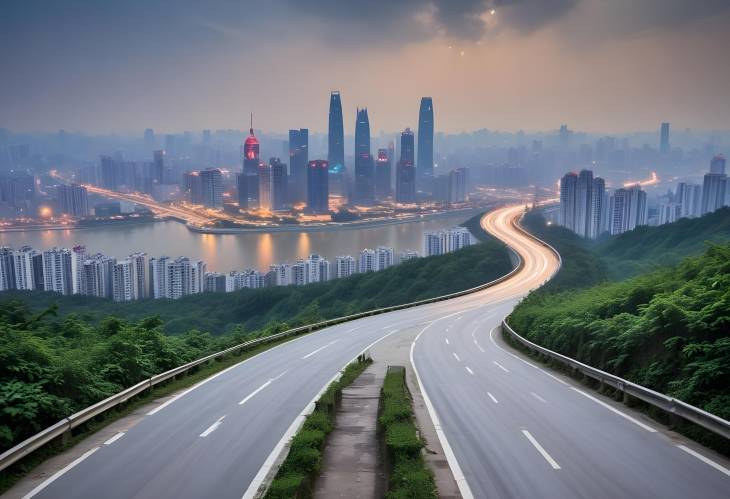 Chongqing Skyline and City Road Urban Cityscape with Evening Dusk and Lights