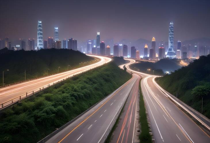 Chongqing Skyline and Ground Road Evening Cityscape with Street and Buildings