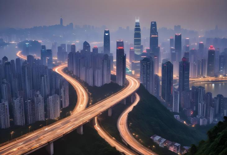 Chongqing Skyline and Street Road Cityscape at Dusk with Urban Elements