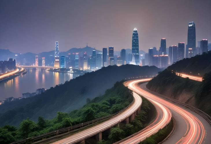 Chongqing Urban View Ground Road with City Skyline at Dusk and Night Lights