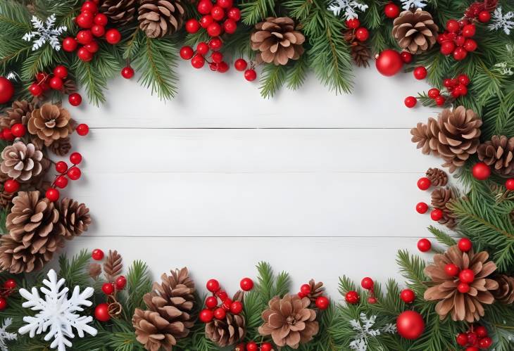 Christmas Composition Frame with Gift, Fir Branches, Cones, Red Berries, Snowflakes, and Tree Toys