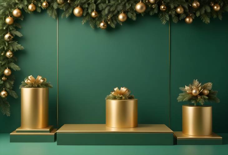 Christmas Decoration Concept Featuring Golden Accessories and Empty Podiums on Green Background