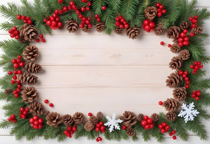 Christmas Flat Lay with Gifts, Fir Branches, Cones, Red Berries, Snowflakes, and Ornaments on White