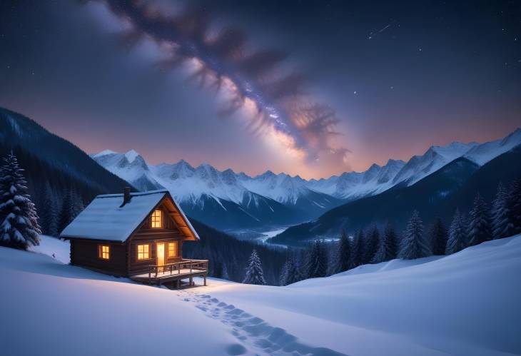 Christmas in the Carpathians Snowy Hut Under Milky Way Sky with Wooden House  Winter Wonderland