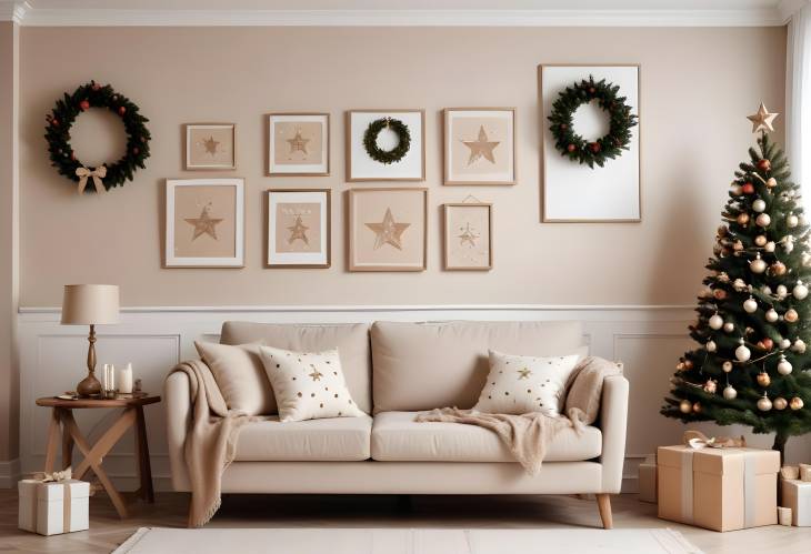 Christmas Living Room Design with Beige Sofa, Mockup Frames, Wreath, and Gifts