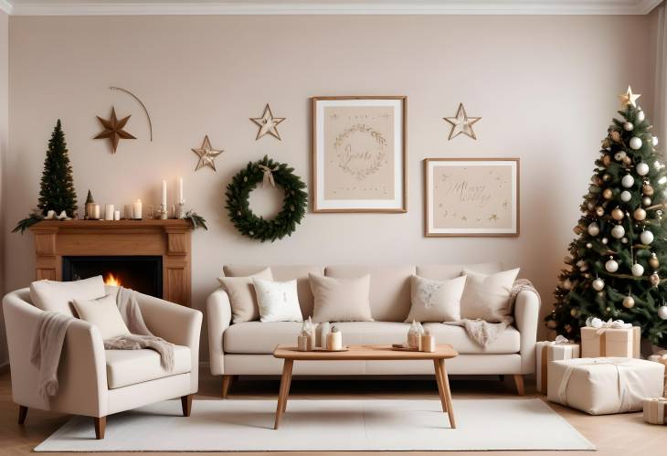 Christmas Living Room with Beige Sofa, Design Armchair, Mockup Frames, Wreath, and Gifts