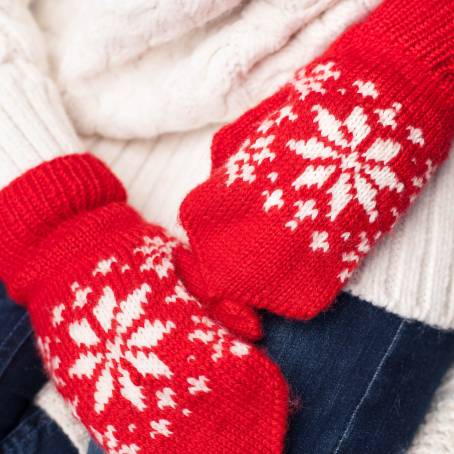 Christmas Pattern Red Knitted Mittens Pair Isolated on White Background for Winter