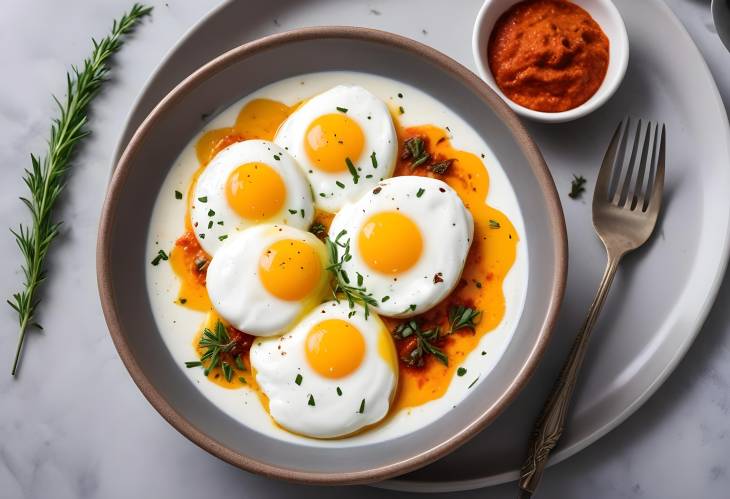 Cilbir Turkish Poached Eggs on Herbed Yogurt with Spiced Olive Oil