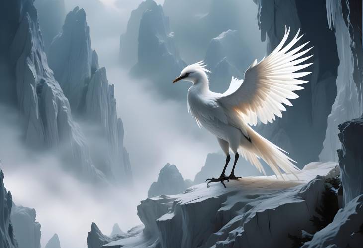 Cinematic White Chinese Loong Bird on Marble Mountain with Ethereal Twilight Light