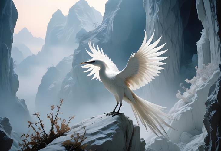 Cinematic White Chinese Loong Bird with Luminescent Wings on Marble Mountain