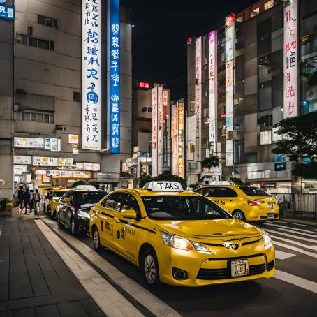 Circa 2015 Fukuoka City Lights and Taxis Illuminate the Nighttime Urban Landscape