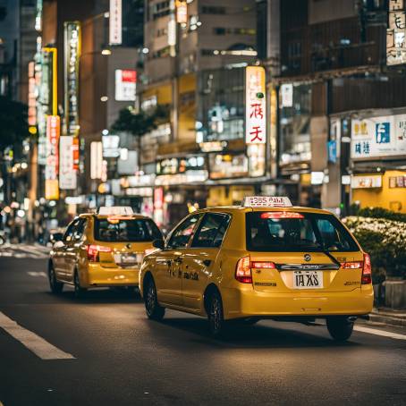 Circa 2015 Vibrant Night Scene of Fukuoka with Taxis and City Lights