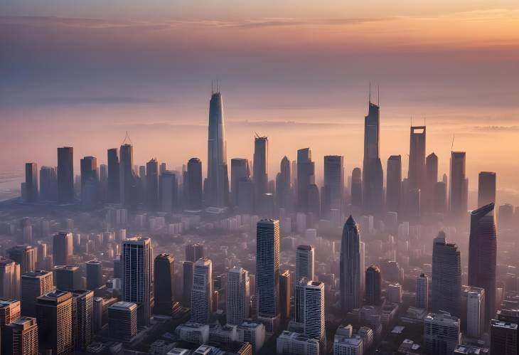 City Skyline at Dawn with Skyscrapers Bathed in Early Light and the Sun Peeking Over the Horizon