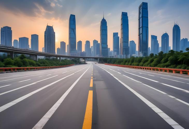 City Skyline at Sunrise with Asphalt Road Square Chongqing Modern View