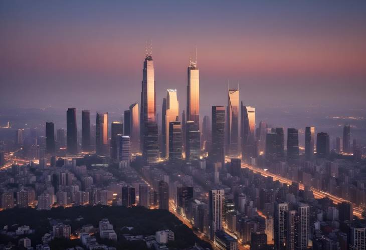 City Skyline at Sunrise with Illuminated Skyscrapers and the Glowing Dawn Sky