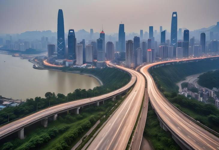 Cityscape of Chongqing Ground Road and Skyline at Dusk with Urban Elements