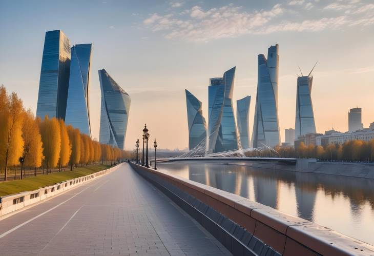 Cityscape of Moscow at Dawn Soaring Bridge in Zaryadye Park with River Embankment and Skyscraper