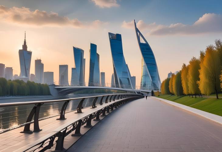 Cityscape of Moscow Morning View of Soaring Bridge in Zaryadye Park and Moscow River Embankment wit